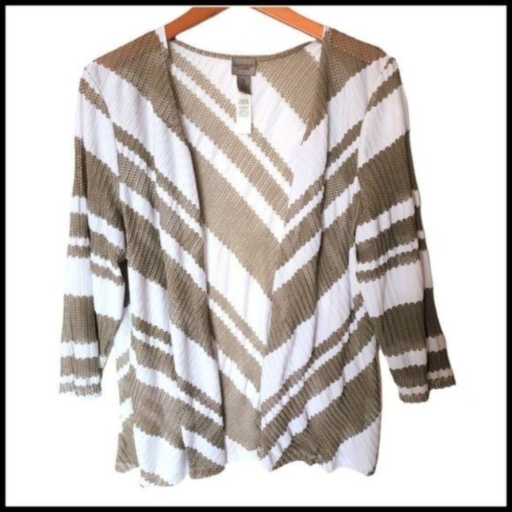 Chico’s Easywear Striped Cardigan Crinkle Elbow Sleeves L Large White Tan